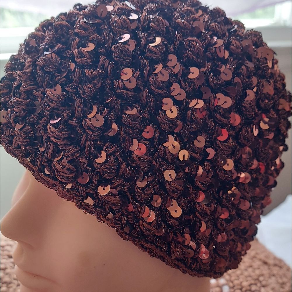 Vintage Sequin Metallic Skull Cap with Metallic Fibers Stretch Size S